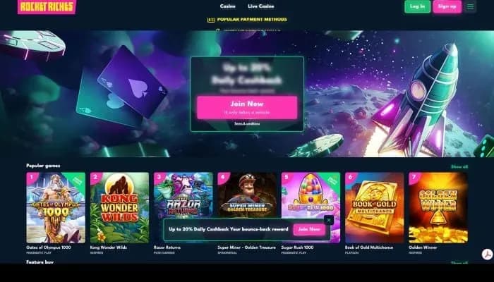 Captura del sitio web de Rocket Riches Casino