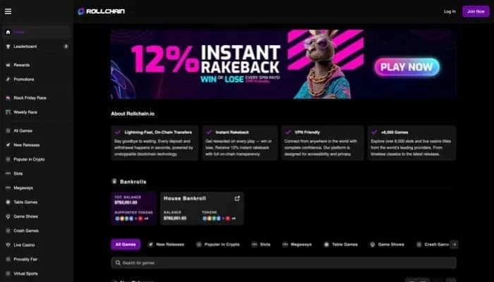 Captura del sitio web de Rollchain Casino