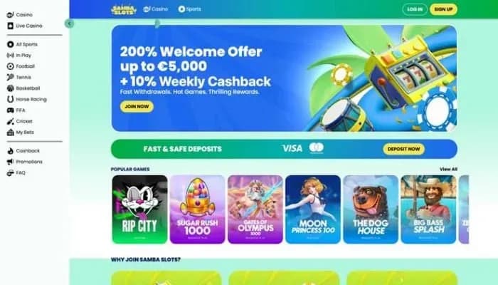 Captura del sitio web de Samba Slots Casino