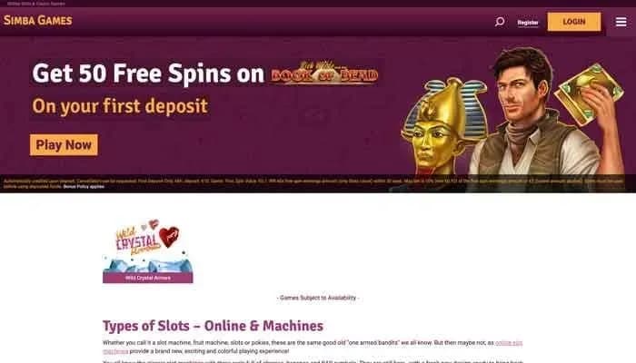 Captura del sitio web de Simba Games