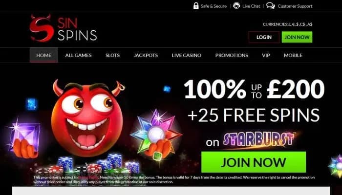Captura del sitio web de Sin Spins Casino