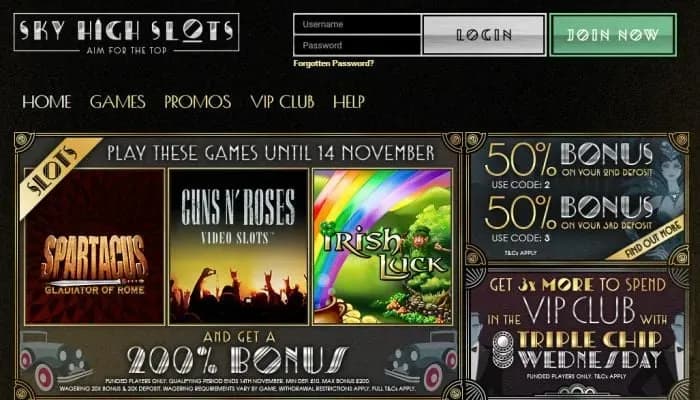 Captura del sitio web de Sky High Slots Casino