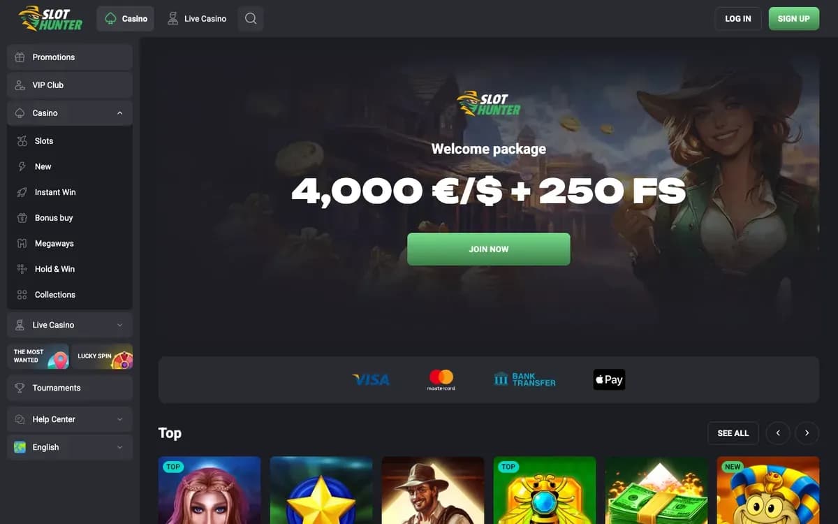 Captura del sitio web de Slot Hunter Casino