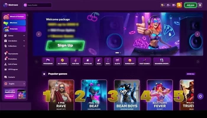 Captura del sitio web de Slotrave Casino