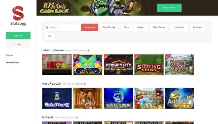 Captura del sitio web de Slotsons Casino