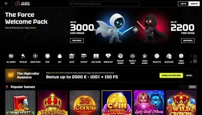 Captura del sitio web de SlotsVader Casino