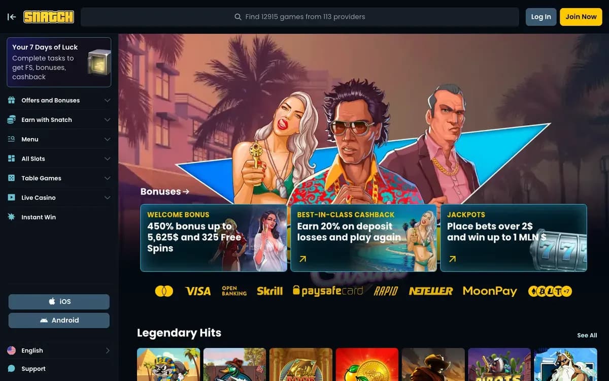 Captura del sitio web de Snatch Casino