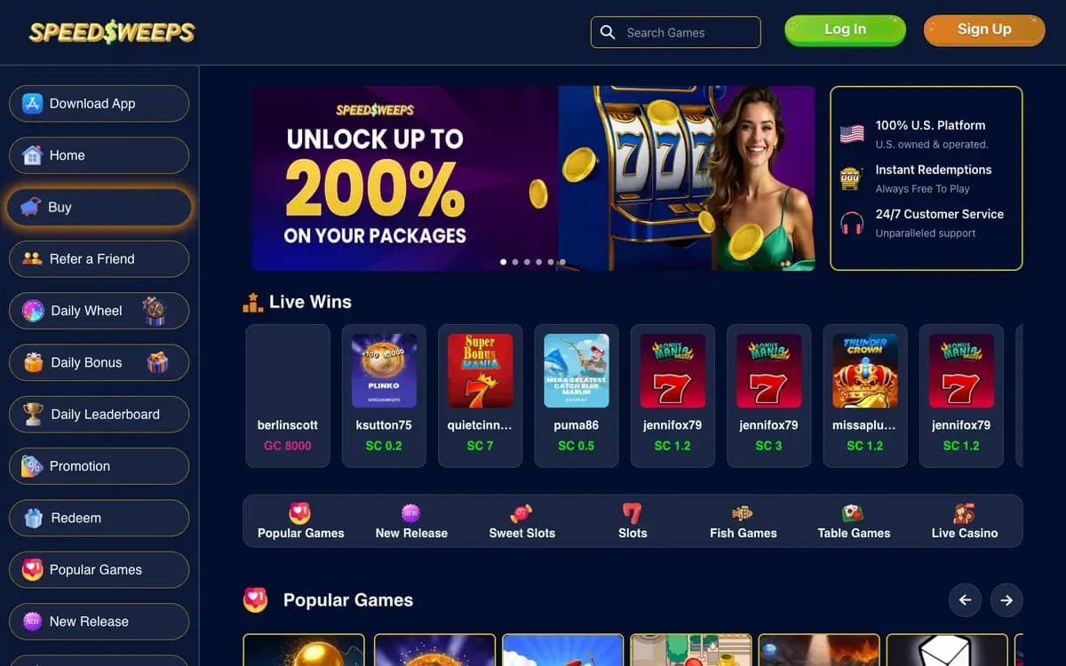 Captura del sitio web de SpeedSweeps Casino