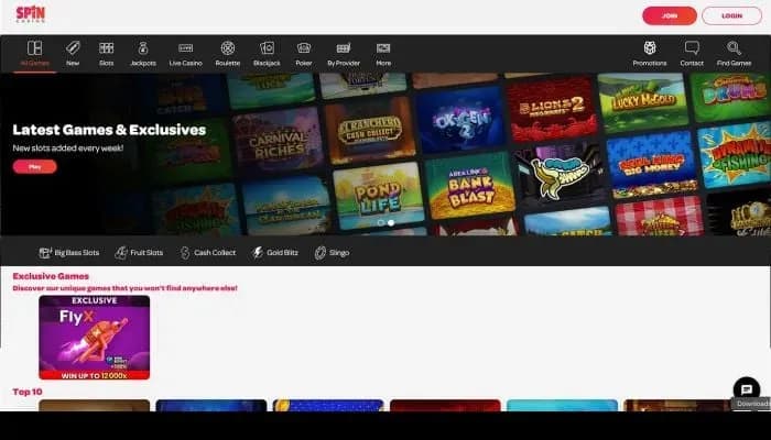 Captura del sitio web de Spin Casino UK