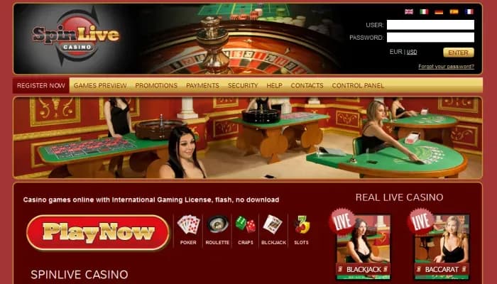 Captura del sitio web de Spin Live Casino