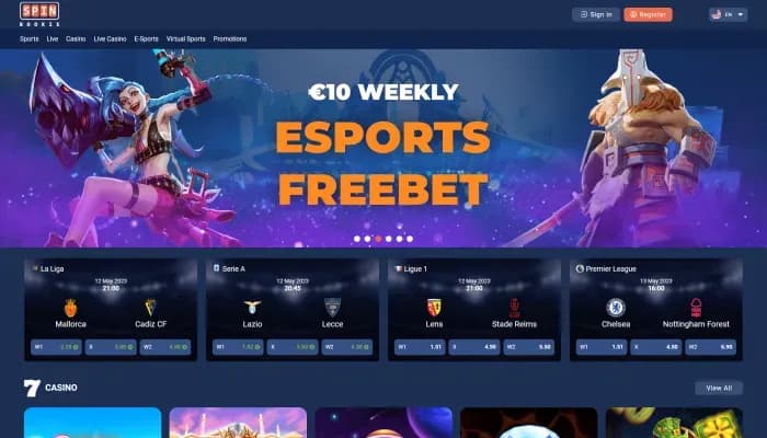 Captura del sitio web de Spinbookie Casino