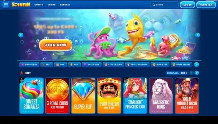 Captura del sitio web de Spinfin Casino