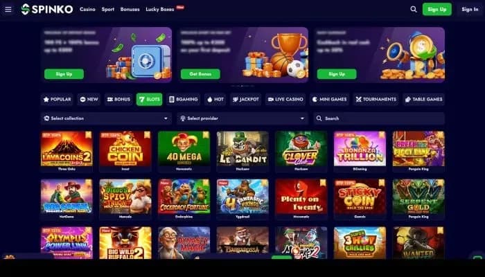 Captura del sitio web de Spinko Casino