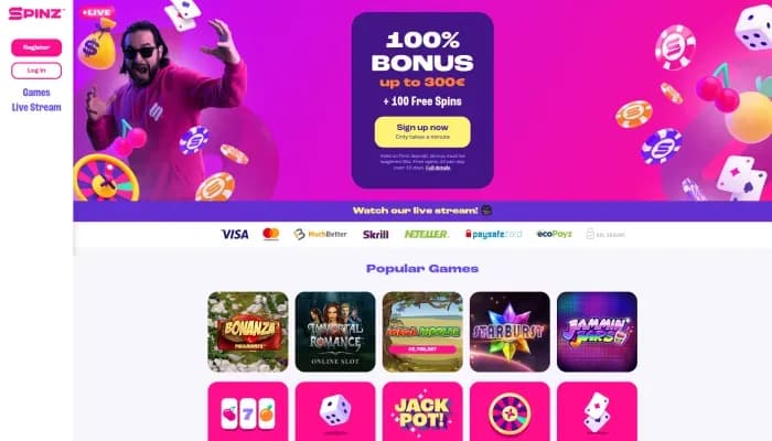 Captura del sitio web de Spinz Casino