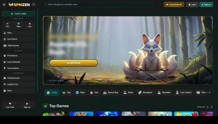 Captura del sitio web de Spinzen Casino