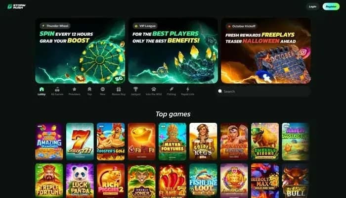 Captura del sitio web de StormRush Casino