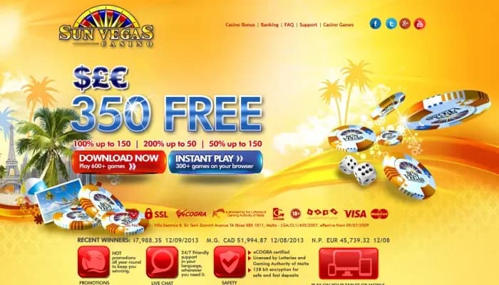 Captura del sitio web de Sun Vegas Casino