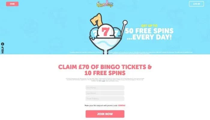 Captura del sitio web de Sundae Bingo Casino