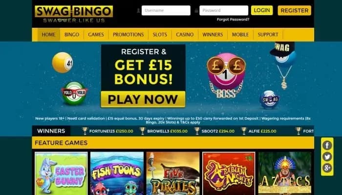 Captura del sitio web de Swag Bingo Casino