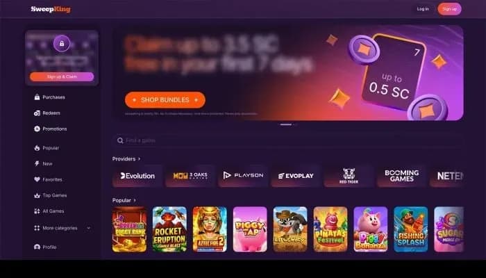 Captura del sitio web de SweepKing Casino