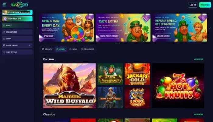 Captura del sitio web de SweepNext Casino