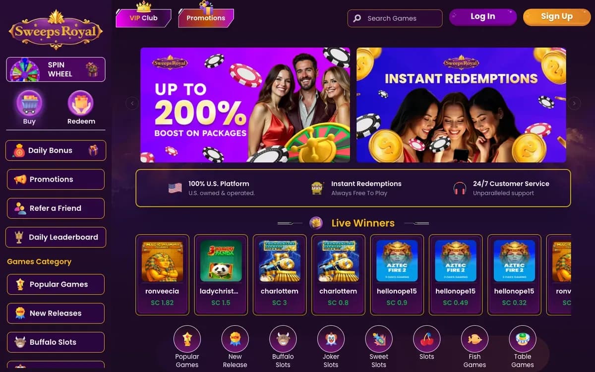 Captura del sitio web de SweepsRoyal Casino