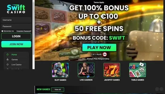 Captura del sitio web de Swift Casino