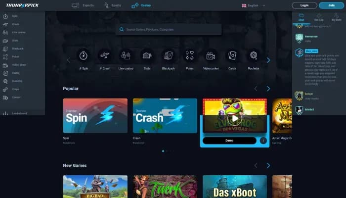 Captura del sitio web de Thunderpick Casino