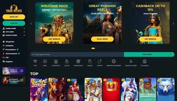 Captura del sitio web de Tomb Riches Casino