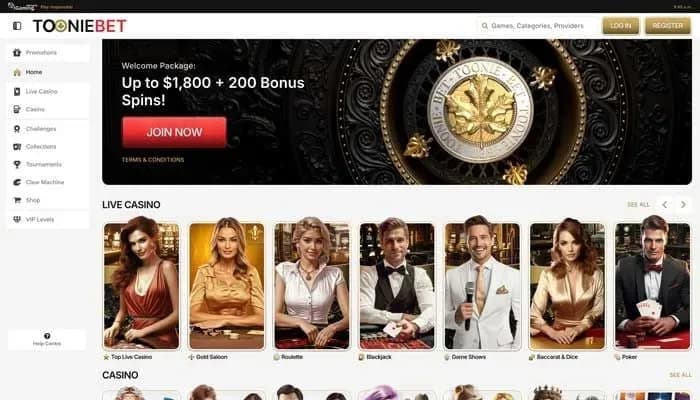 Captura del sitio web de Tooniebet Casino