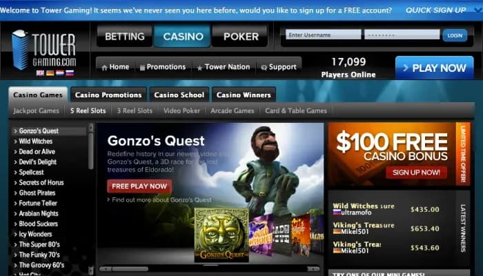 Captura del sitio web de Tower Gaming Casino