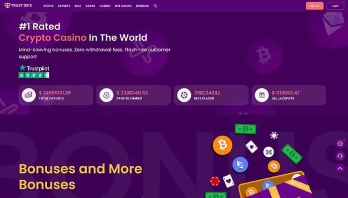 Captura del sitio web de TrustDice Casino