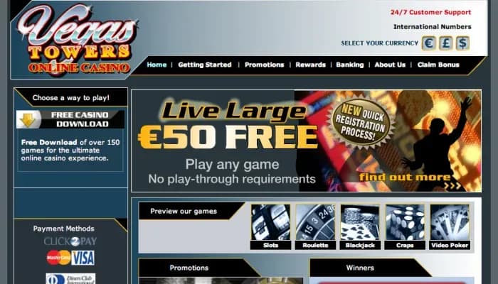 Captura del sitio web de Vegas Towers Casino