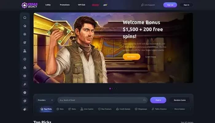 Captura del sitio web de VegasLegacy Casino