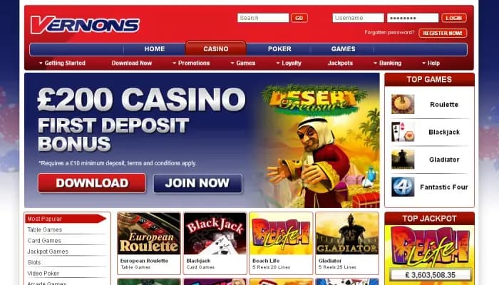Captura del sitio web de Vernons Casino