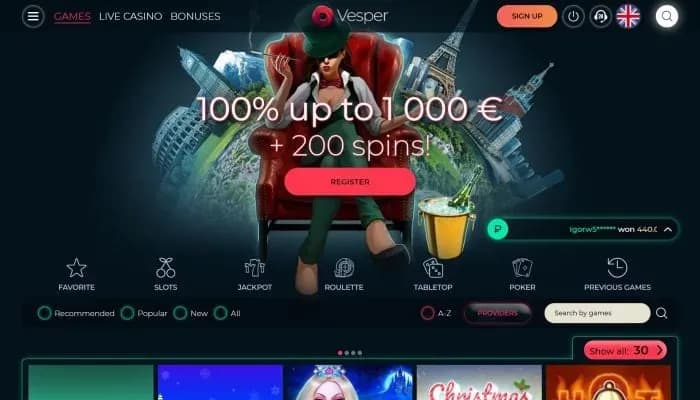 Captura del sitio web de Vesper Casino