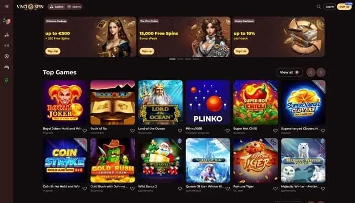 Captura del sitio web de Vincispin Casino