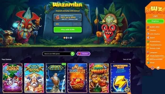 Captura del sitio web de Wazamba Casino