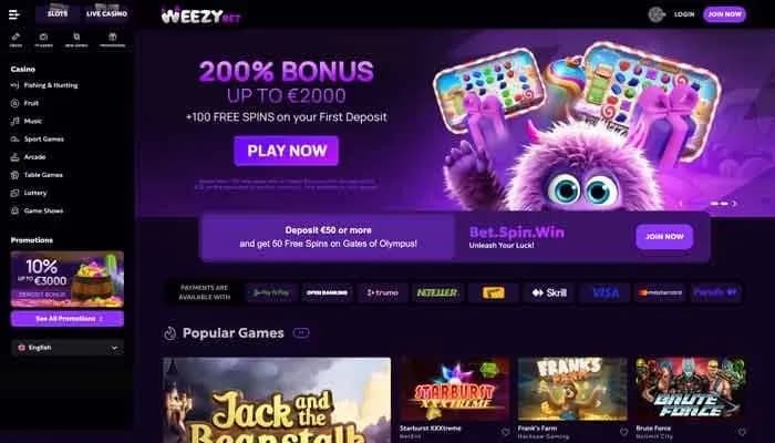 Captura del sitio web de WeezyBet Casino