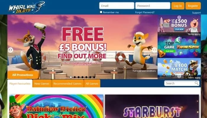 Captura del sitio web de Whirlwind Slots Casino