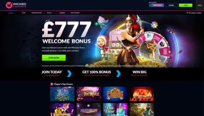 Captura del sitio web de Wicked Jackpots Casino