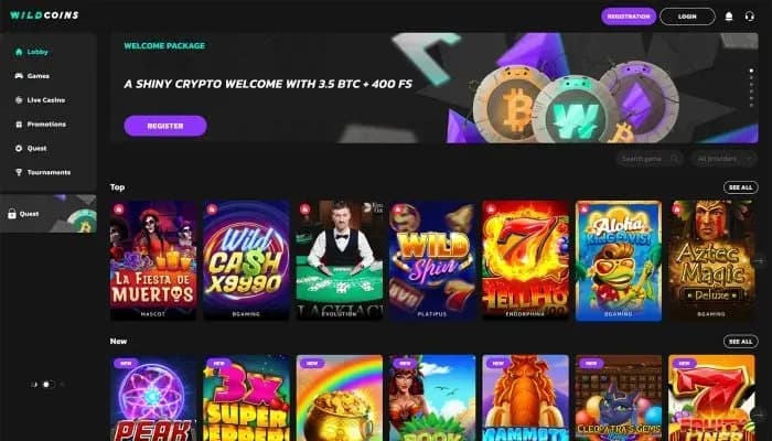 Captura del sitio web de WildCoins Casino