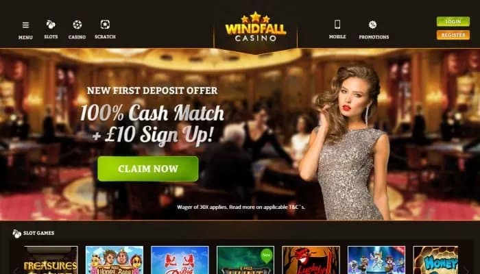 Captura del sitio web de Windfall Casino