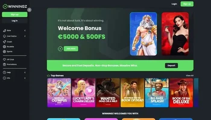 Captura del sitio web de Winningz Casino
