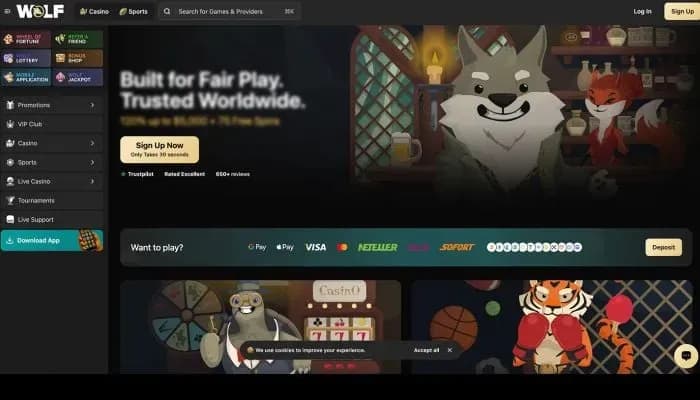Captura del sitio web de Wolf.io Casino