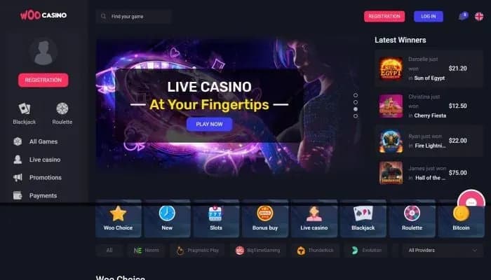 Captura del sitio web de Woocasino
