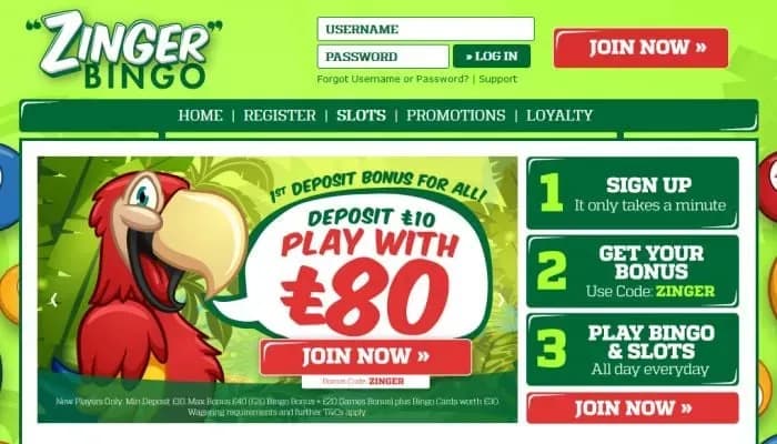 Captura del sitio web de Zinger Bingo Casino