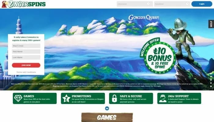 Captura del sitio web de Zinger Spins Casino