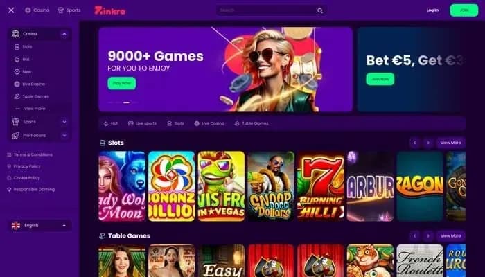 Captura del sitio web de Zinkra Casino