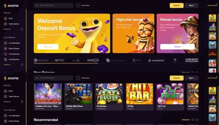 Captura del sitio web de Zoome Casino